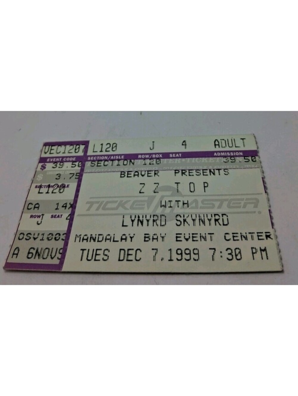 ZZ Top Ticket Stub LYNRD Skynryd MANDALAY Bay Event Dec 7 1999 Beaver Presents